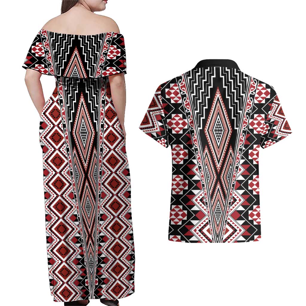 Red Aotearoa Tukutuku and Poutama Motif Couples Matching Off Shoulder Maxi Dress and Hawaiian Shirt LT03 - Polynesian Pride