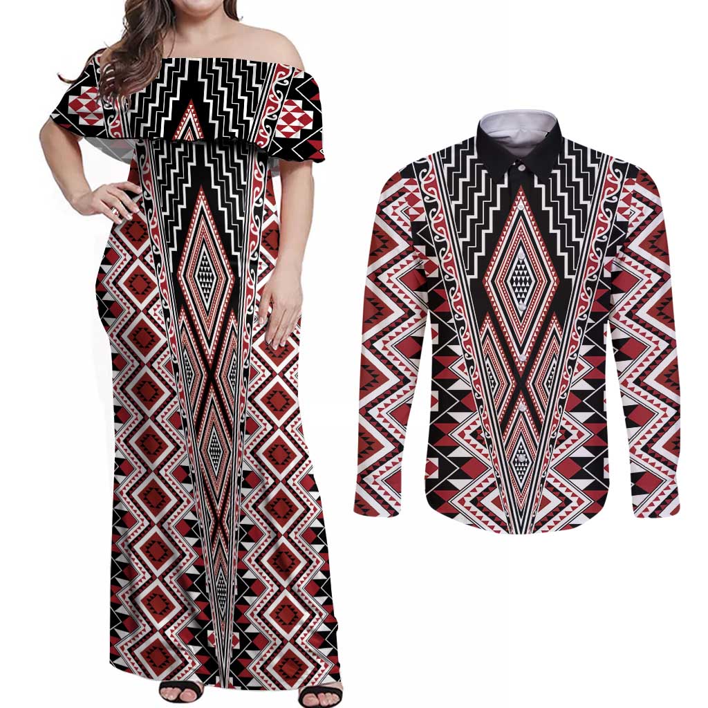 Red Aotearoa Tukutuku and Poutama Motif Couples Matching Off Shoulder Maxi Dress and Long Sleeve Button Shirt LT03 Red - Polynesian Pride