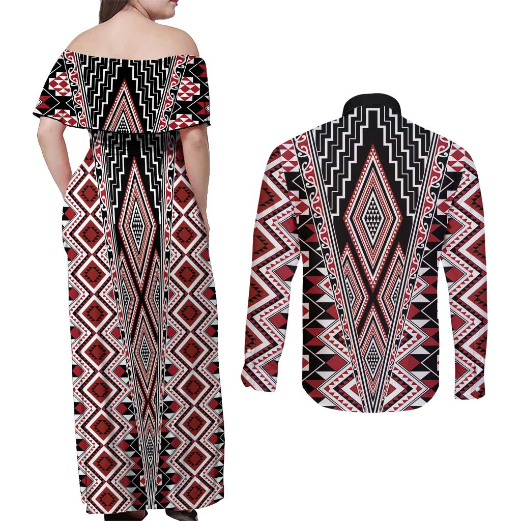 Red Aotearoa Tukutuku and Poutama Motif Couples Matching Off Shoulder Maxi Dress and Long Sleeve Button Shirt LT03 - Polynesian Pride