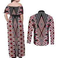 Red Aotearoa Tukutuku and Poutama Motif Couples Matching Off Shoulder Maxi Dress and Long Sleeve Button Shirt LT03 - Polynesian Pride