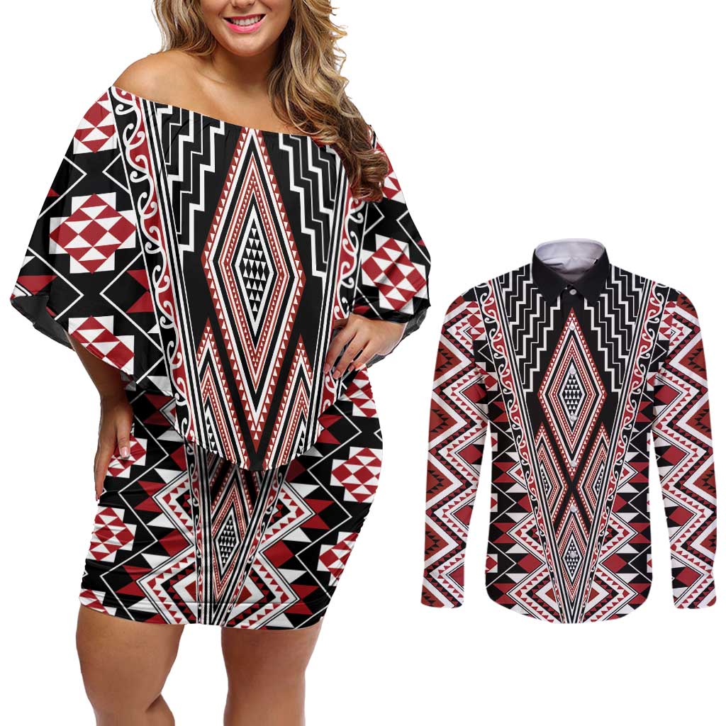 Red Aotearoa Tukutuku and Poutama Motif Couples Matching Off Shoulder Short Dress and Long Sleeve Button Shirt LT03 Red - Polynesian Pride