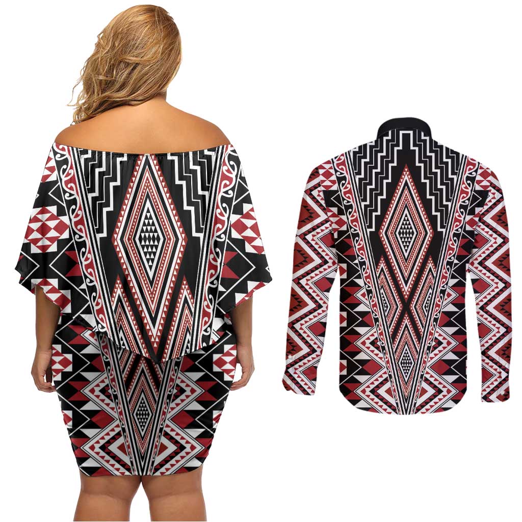 Red Aotearoa Tukutuku and Poutama Motif Couples Matching Off Shoulder Short Dress and Long Sleeve Button Shirt LT03 - Polynesian Pride