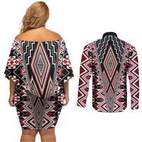 Red Aotearoa Tukutuku and Poutama Motif Couples Matching Off Shoulder Short Dress and Long Sleeve Button Shirt LT03 - Polynesian Pride
