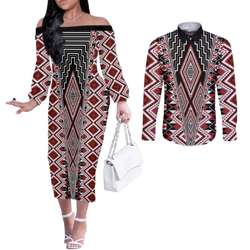 Red Aotearoa Tukutuku and Poutama Motif Couples Matching Off The Shoulder Long Sleeve Dress and Long Sleeve Button Shirt LT03 Red - Polynesian Pride