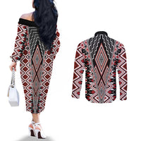 Red Aotearoa Tukutuku and Poutama Motif Couples Matching Off The Shoulder Long Sleeve Dress and Long Sleeve Button Shirt LT03 - Polynesian Pride
