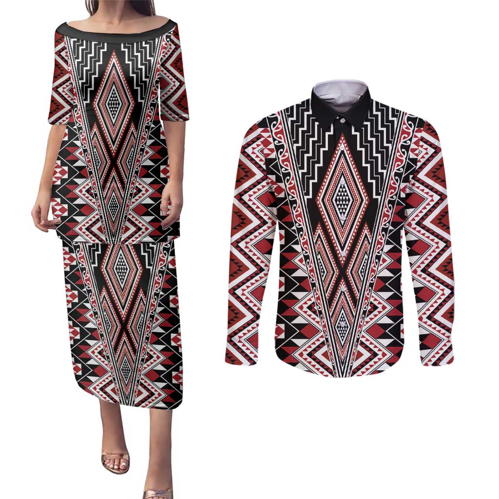 Red Aotearoa Tukutuku and Poutama Motif Couples Matching Puletasi and Long Sleeve Button Shirt LT03 Red - Polynesian Pride