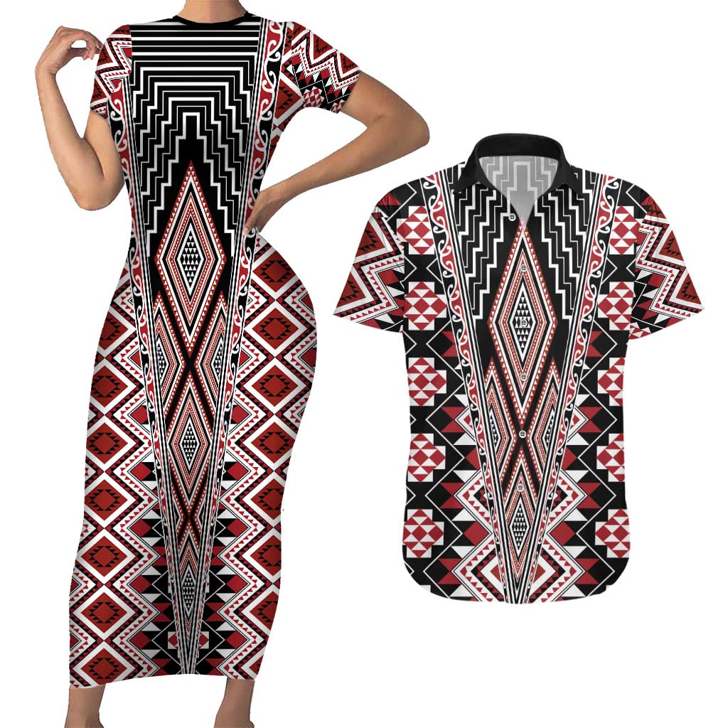 Red Aotearoa Tukutuku and Poutama Motif Couples Matching Short Sleeve Bodycon Dress and Hawaiian Shirt LT03 Red - Polynesian Pride