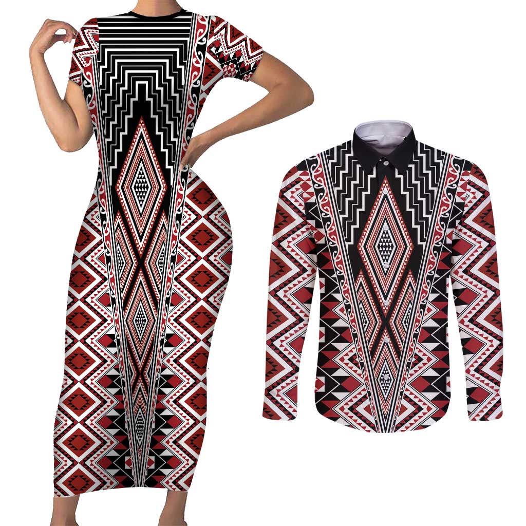 Red Aotearoa Tukutuku and Poutama Motif Couples Matching Short Sleeve Bodycon Dress and Long Sleeve Button Shirt LT03 Red - Polynesian Pride
