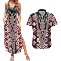 Red Aotearoa Tukutuku and Poutama Motif Couples Matching Summer Maxi Dress and Hawaiian Shirt LT03 Red - Polynesian Pride
