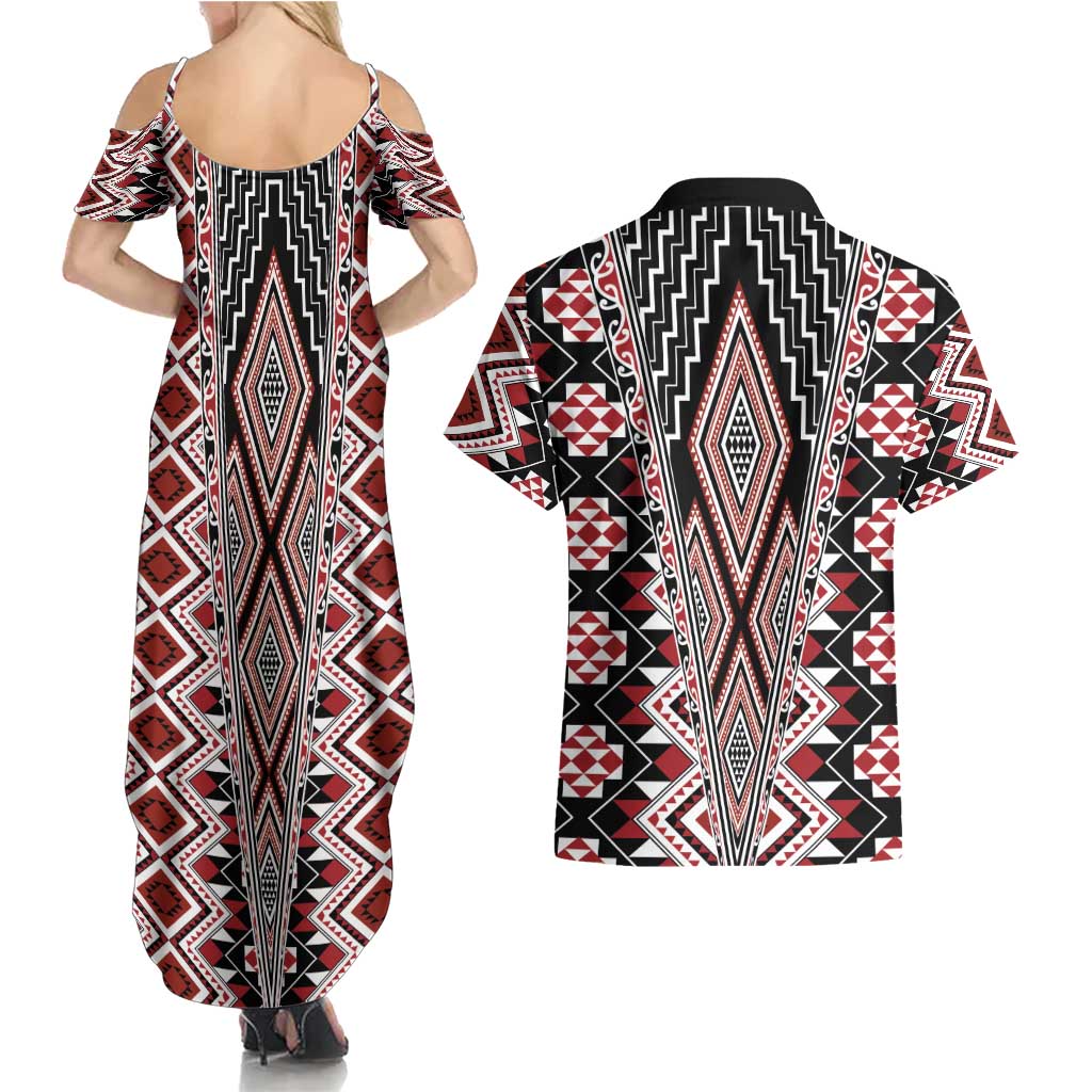 Red Aotearoa Tukutuku and Poutama Motif Couples Matching Summer Maxi Dress and Hawaiian Shirt LT03 - Polynesian Pride