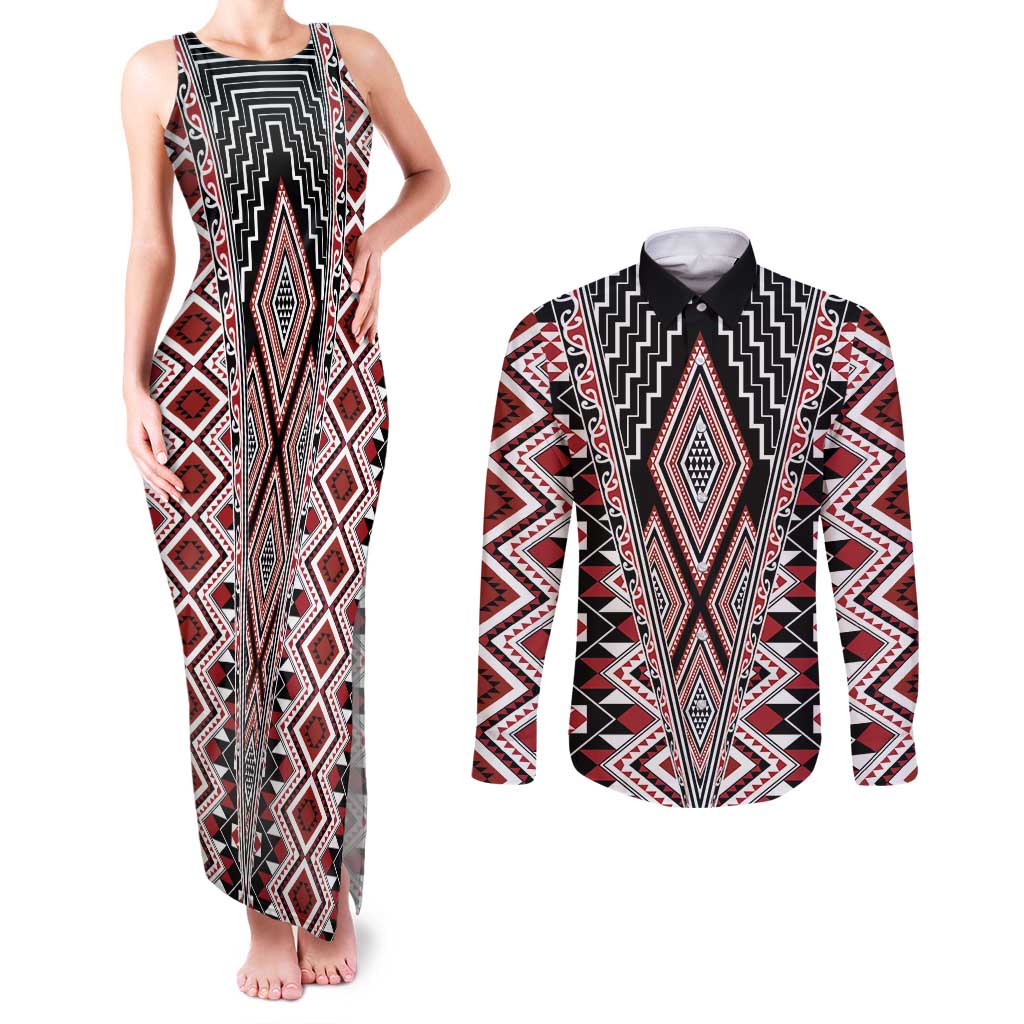 Red Aotearoa Tukutuku and Poutama Motif Couples Matching Tank Maxi Dress and Long Sleeve Button Shirt LT03 Red - Polynesian Pride