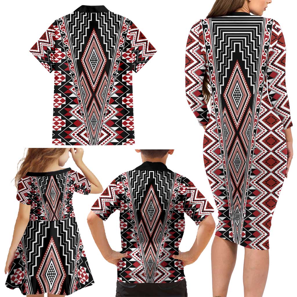 Red Aotearoa Tukutuku and Poutama Motif Family Matching Long Sleeve Bodycon Dress and Hawaiian Shirt LT03 - Polynesian Pride
