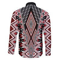 Red Aotearoa Tukutuku and Poutama Motif Family Matching Long Sleeve Bodycon Dress and Hawaiian Shirt LT03 - Polynesian Pride
