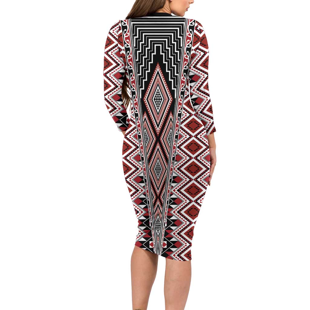 Red Aotearoa Tukutuku and Poutama Motif Family Matching Long Sleeve Bodycon Dress and Hawaiian Shirt LT03 - Polynesian Pride