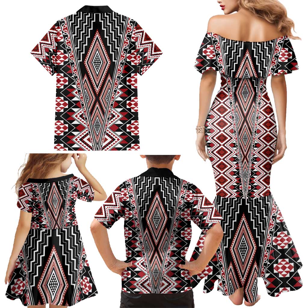 Red Aotearoa Tukutuku and Poutama Motif Family Matching Mermaid Dress and Hawaiian Shirt LT03 - Polynesian Pride