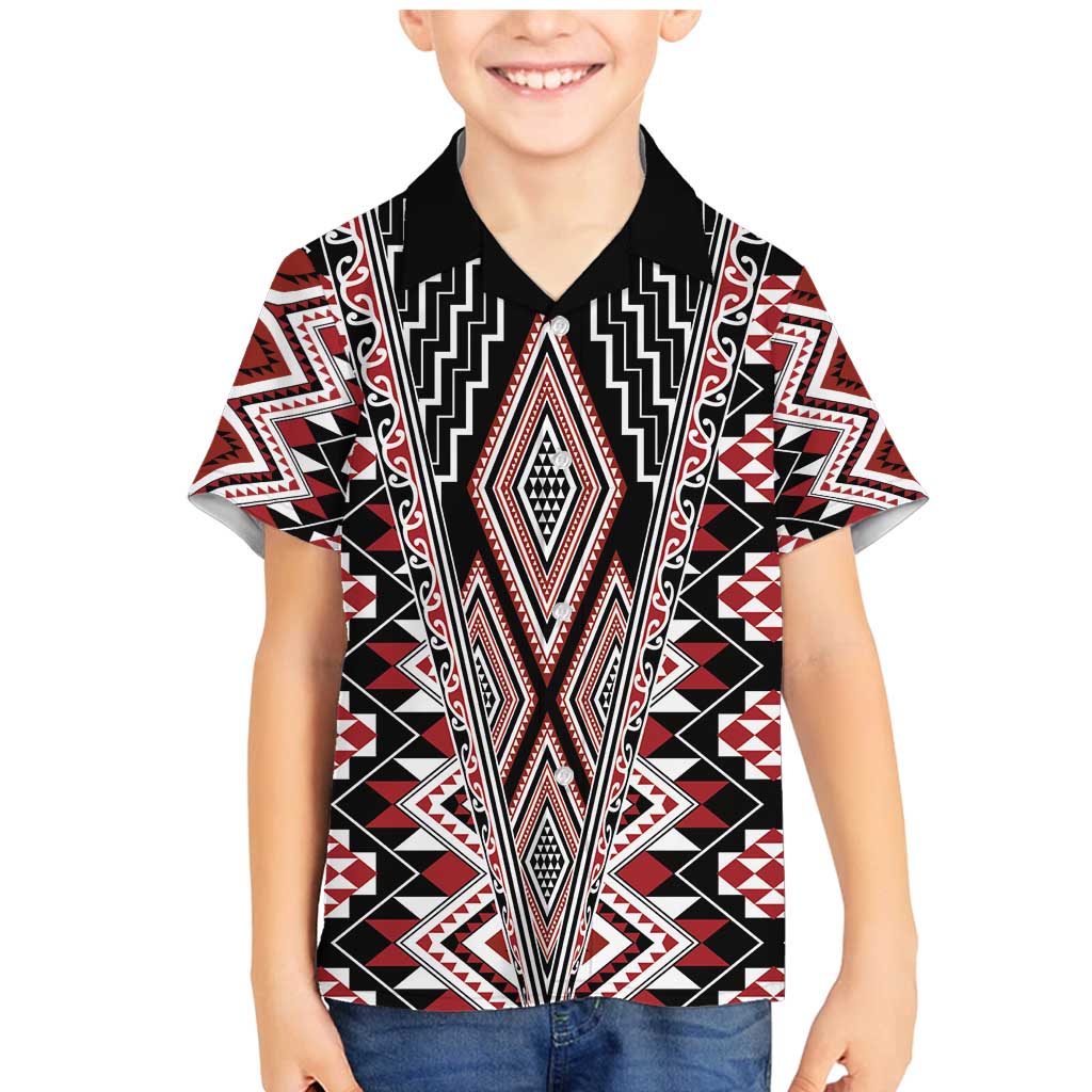 Red Aotearoa Tukutuku and Poutama Motif Family Matching Mermaid Dress and Hawaiian Shirt LT03 Son's Shirt Red - Polynesian Pride
