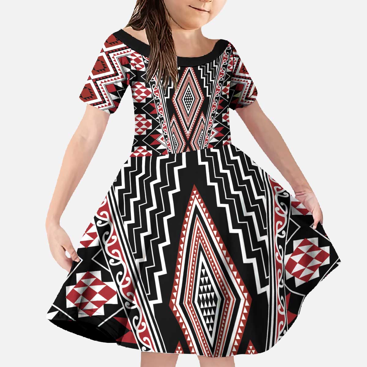 Red Aotearoa Tukutuku and Poutama Motif Family Matching Off The Shoulder Long Sleeve Dress and Hawaiian Shirt LT03 Daughter's Dress Red - Polynesian Pride
