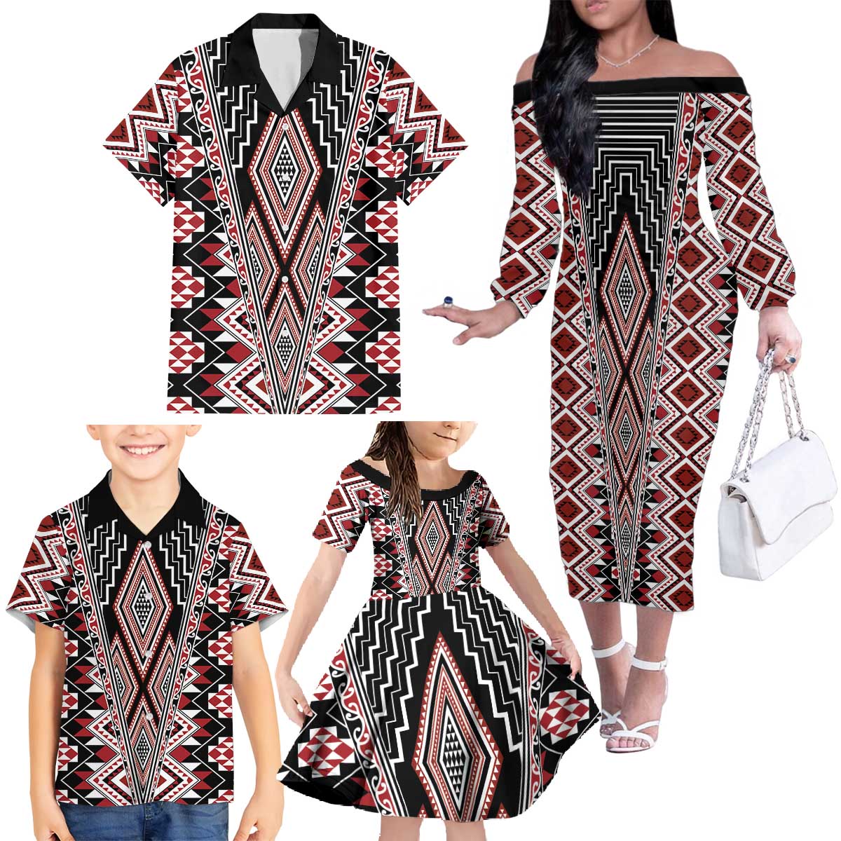Red Aotearoa Tukutuku and Poutama Motif Family Matching Off The Shoulder Long Sleeve Dress and Hawaiian Shirt LT03 - Polynesian Pride
