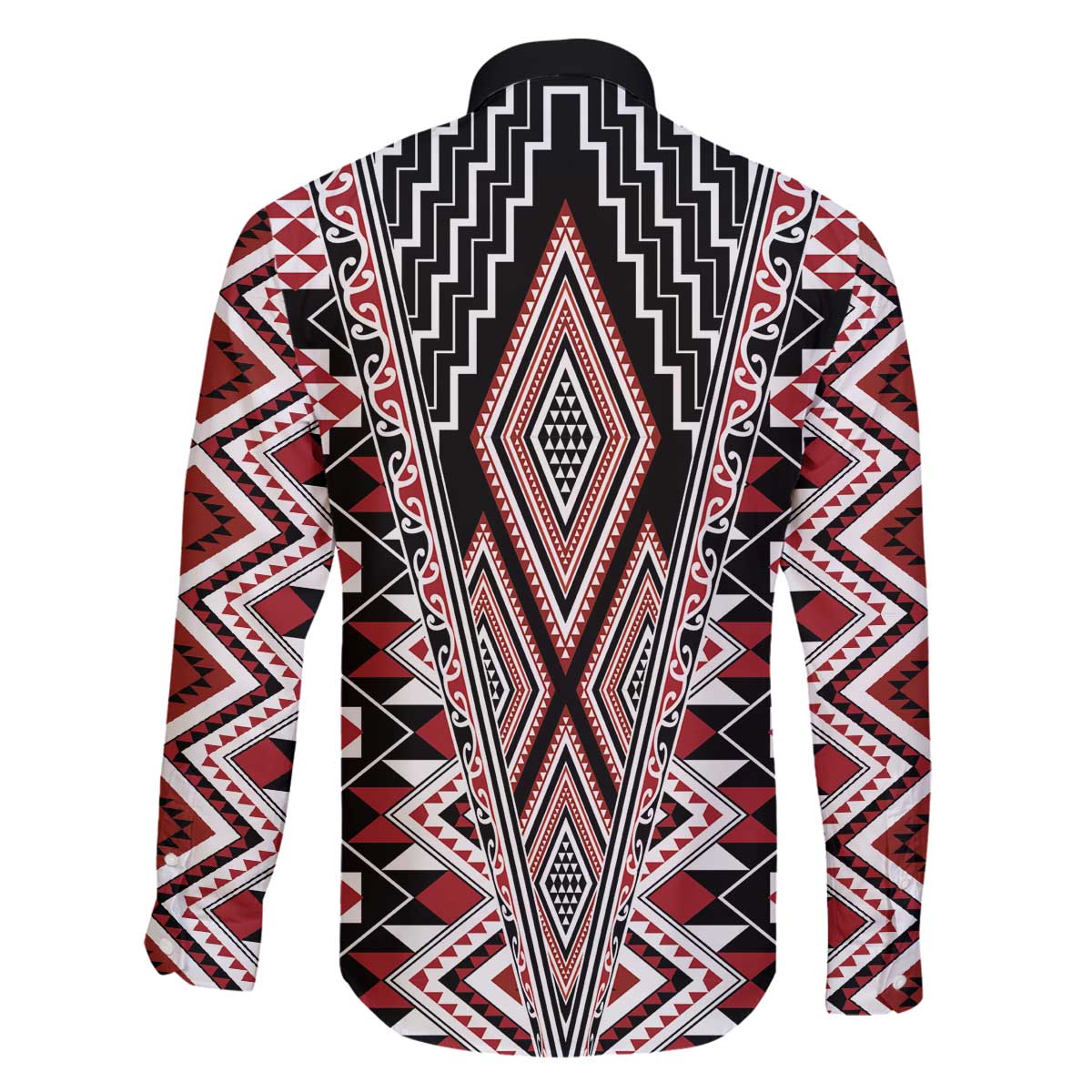 Red Aotearoa Tukutuku and Poutama Motif Family Matching Off The Shoulder Long Sleeve Dress and Hawaiian Shirt LT03 - Polynesian Pride