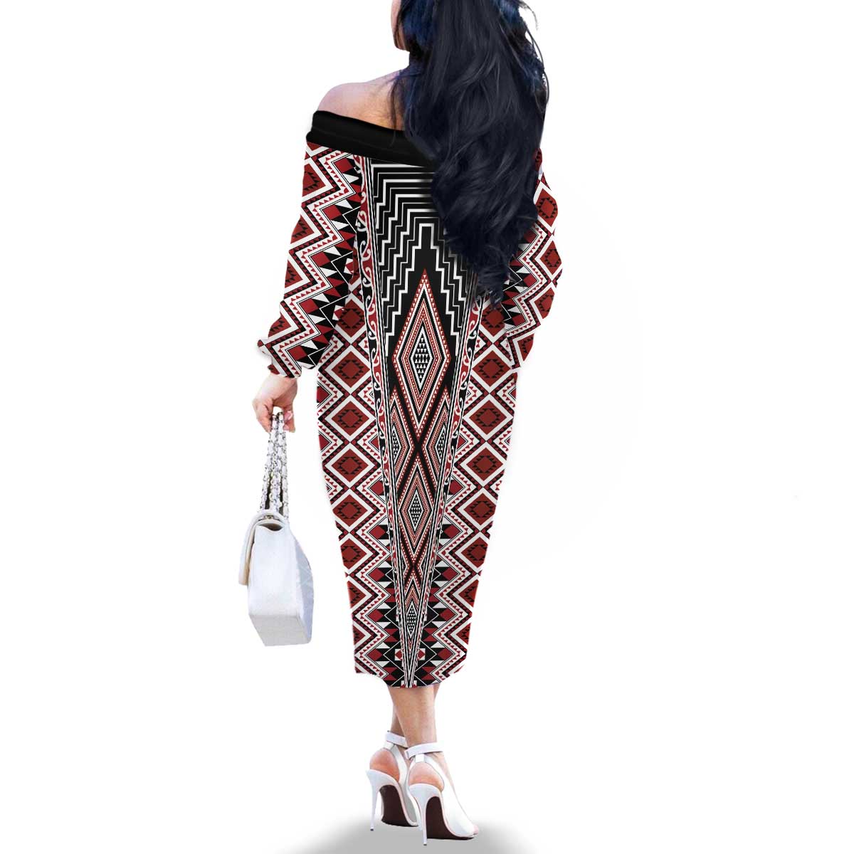 Red Aotearoa Tukutuku and Poutama Motif Family Matching Off The Shoulder Long Sleeve Dress and Hawaiian Shirt LT03 - Polynesian Pride