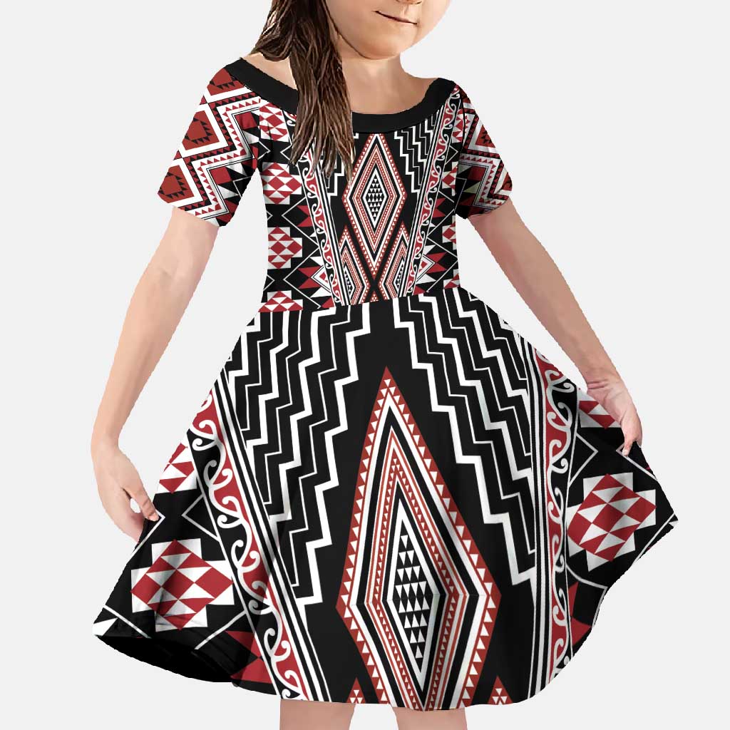 Red Aotearoa Tukutuku and Poutama Motif Family Matching Off Shoulder Maxi Dress and Hawaiian Shirt LT03 Daughter's Dress Red - Polynesian Pride