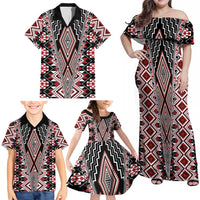 Red Aotearoa Tukutuku and Poutama Motif Family Matching Off Shoulder Maxi Dress and Hawaiian Shirt LT03 - Polynesian Pride