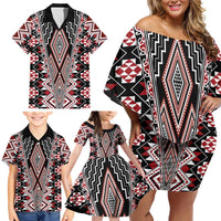 Red Aotearoa Tukutuku and Poutama Motif Family Matching Off Shoulder Short Dress and Hawaiian Shirt LT03 - Polynesian Pride