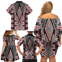 Red Aotearoa Tukutuku and Poutama Motif Family Matching Off Shoulder Short Dress and Hawaiian Shirt LT03 - Polynesian Pride