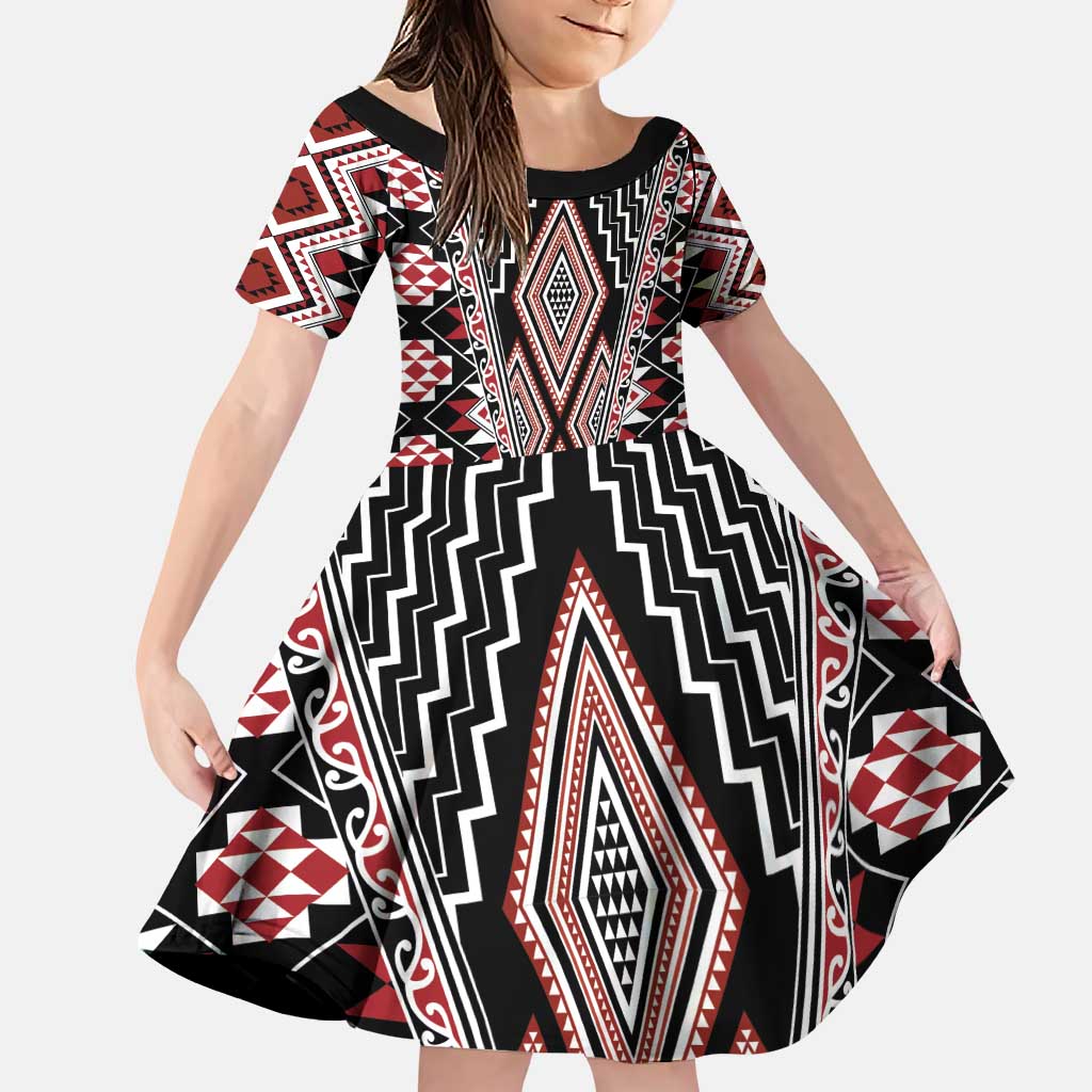 Red Aotearoa Tukutuku and Poutama Motif Family Matching Puletasi and Hawaiian Shirt LT03 Daughter's Dress Red - Polynesian Pride