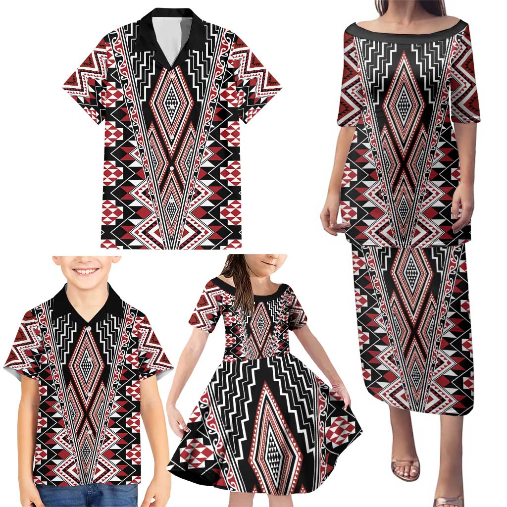 Red Aotearoa Tukutuku and Poutama Motif Family Matching Puletasi and Hawaiian Shirt LT03 - Polynesian Pride