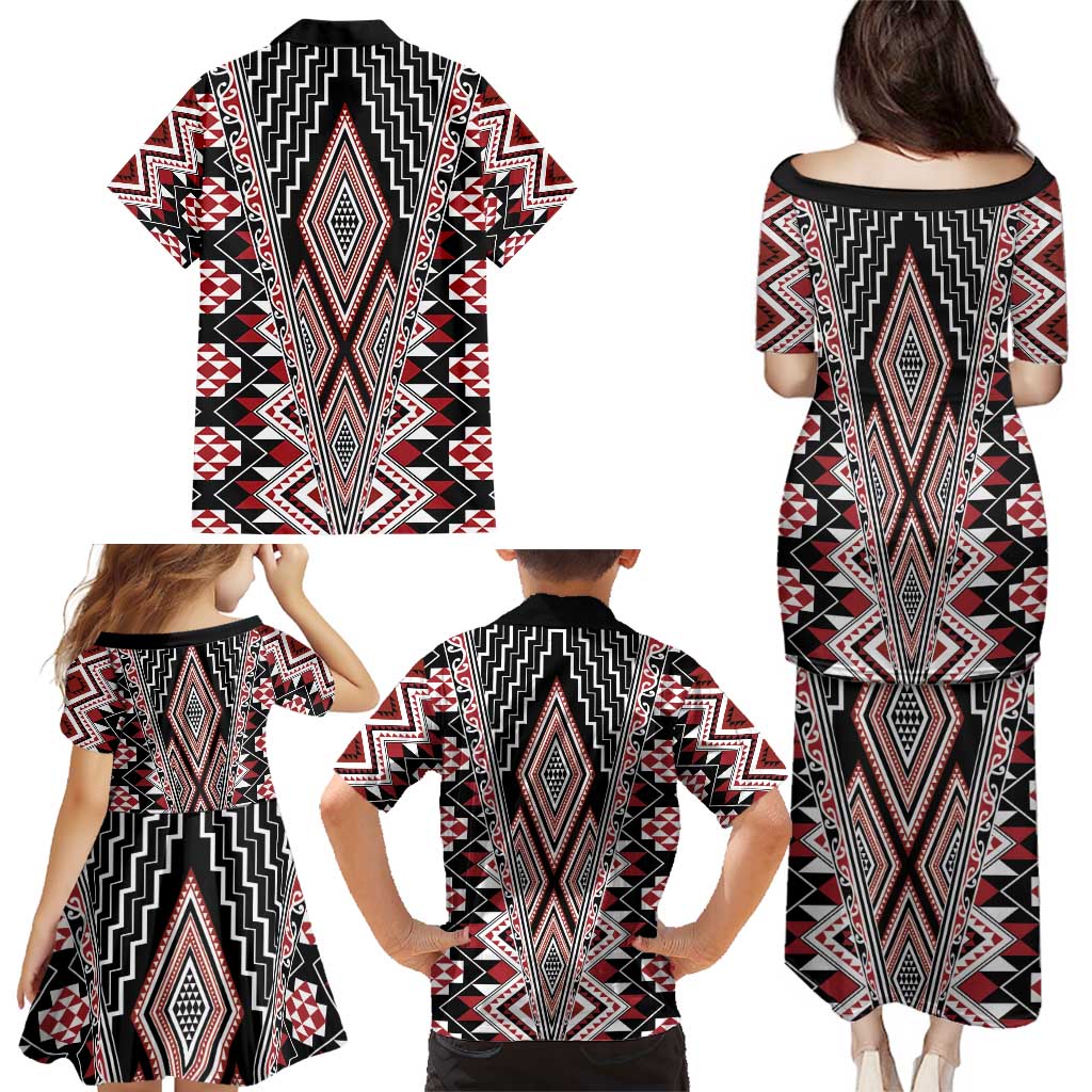 Red Aotearoa Tukutuku and Poutama Motif Family Matching Puletasi and Hawaiian Shirt LT03 - Polynesian Pride