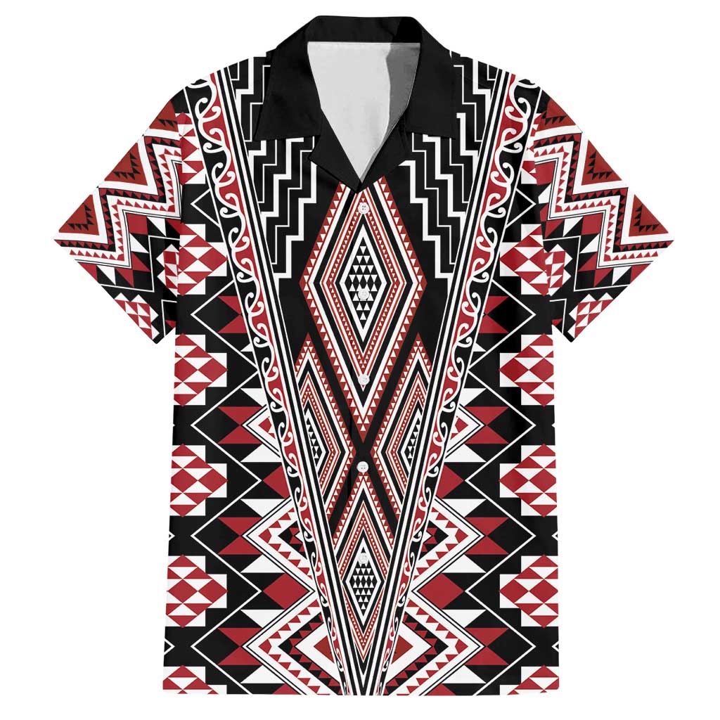 Red Aotearoa Tukutuku and Poutama Motif Family Matching Puletasi and Hawaiian Shirt LT03 Dad's Shirt - Short Sleeve Red - Polynesian Pride