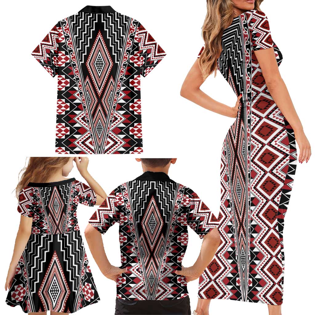 Red Aotearoa Tukutuku and Poutama Motif Family Matching Short Sleeve Bodycon Dress and Hawaiian Shirt LT03 - Polynesian Pride