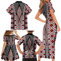 Red Aotearoa Tukutuku and Poutama Motif Family Matching Short Sleeve Bodycon Dress and Hawaiian Shirt LT03 - Polynesian Pride