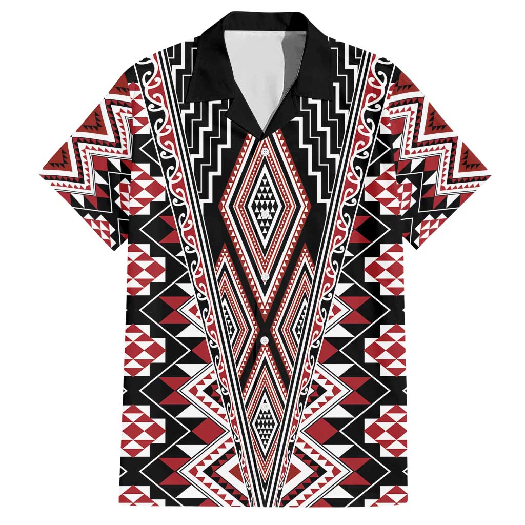 Red Aotearoa Tukutuku and Poutama Motif Family Matching Short Sleeve Bodycon Dress and Hawaiian Shirt LT03 Dad's Shirt - Short Sleeve Red - Polynesian Pride