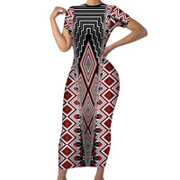 Red Aotearoa Tukutuku and Poutama Motif Family Matching Short Sleeve Bodycon Dress and Hawaiian Shirt LT03 Mom's Dress Red - Polynesian Pride