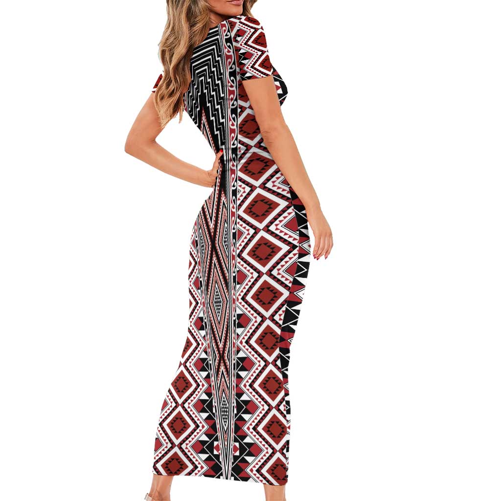 Red Aotearoa Tukutuku and Poutama Motif Family Matching Short Sleeve Bodycon Dress and Hawaiian Shirt LT03 - Polynesian Pride