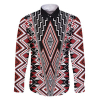 Red Aotearoa Tukutuku and Poutama Motif Family Matching Summer Maxi Dress and Hawaiian Shirt LT03 Dad's Shirt - Long Sleeve Red - Polynesian Pride