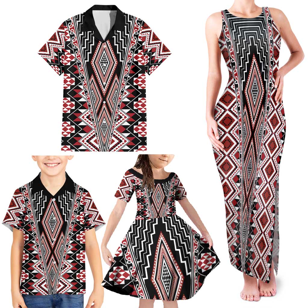 Red Aotearoa Tukutuku and Poutama Motif Family Matching Tank Maxi Dress and Hawaiian Shirt LT03 - Polynesian Pride