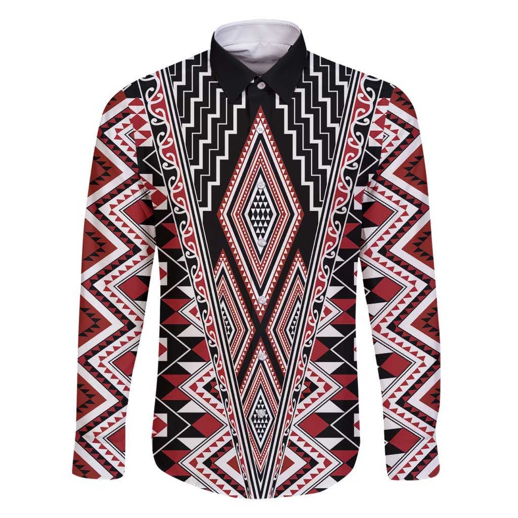 Red Aotearoa Tukutuku and Poutama Motif Family Matching Tank Maxi Dress and Hawaiian Shirt LT03 Dad's Shirt - Long Sleeve Red - Polynesian Pride