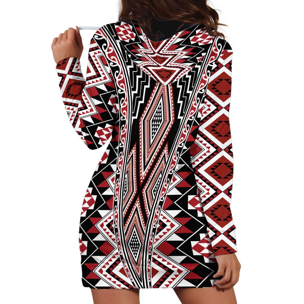 Red Aotearoa Tukutuku and Poutama Motif Hoodie Dress LT03 - Polynesian Pride