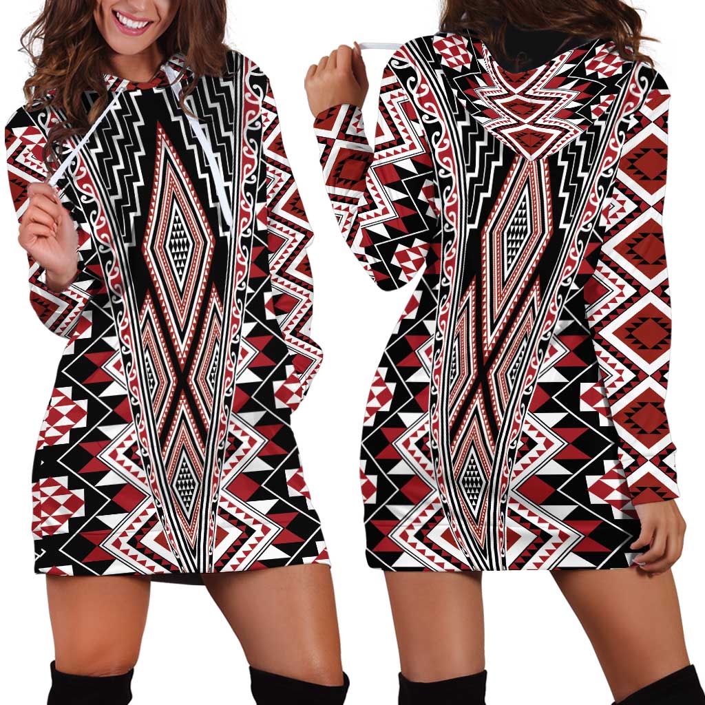 Red Aotearoa Tukutuku and Poutama Motif Hoodie Dress LT03 - Polynesian Pride