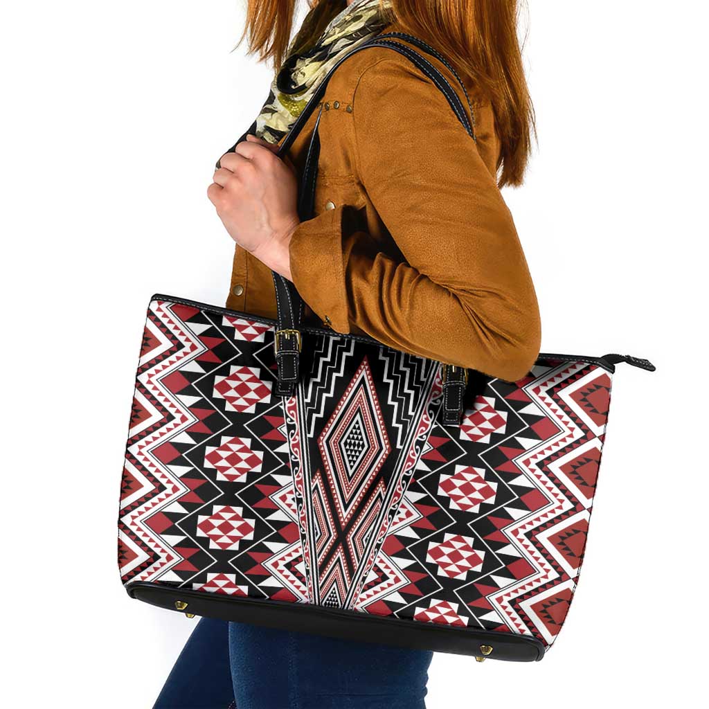 Red Aotearoa Tukutuku and Poutama Motif Leather Tote Bag LT03 Red - Polynesian Pride