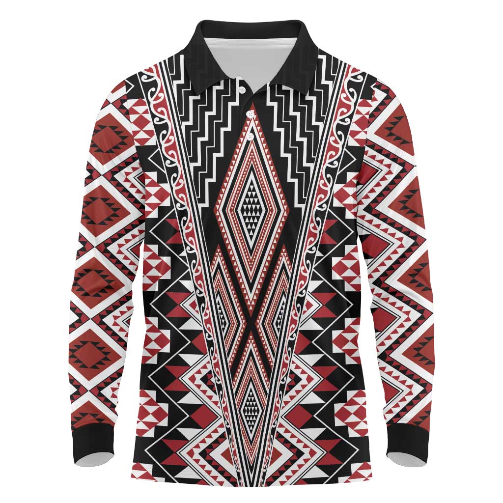 Red Aotearoa Tukutuku and Poutama Motif Long Sleeve Polo Shirt LT03 Red - Polynesian Pride