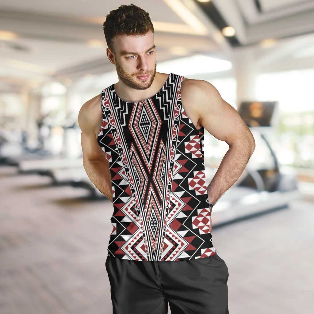 Red Aotearoa Tukutuku and Poutama Motif Men Tank Top LT03 Red - Polynesian Pride