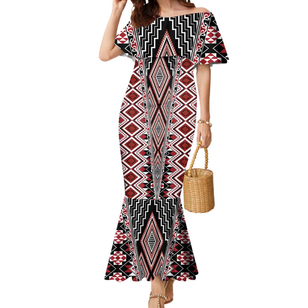 Red Aotearoa Tukutuku and Poutama Motif Mermaid Dress LT03 Women Red - Polynesian Pride