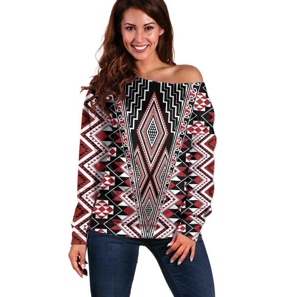 Red Aotearoa Tukutuku and Poutama Motif Off Shoulder Sweater LT03 Women Red - Polynesian Pride