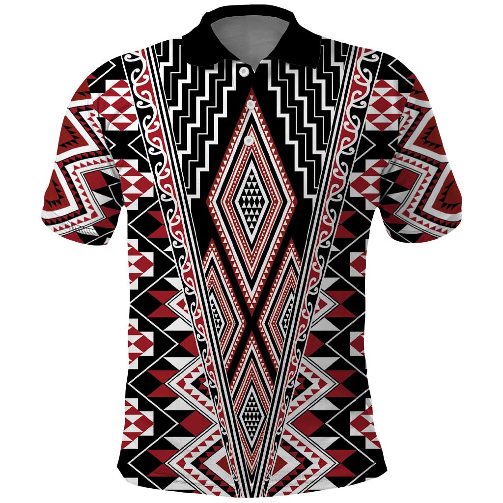 Red Aotearoa Tukutuku and Poutama Motif Polo Shirt