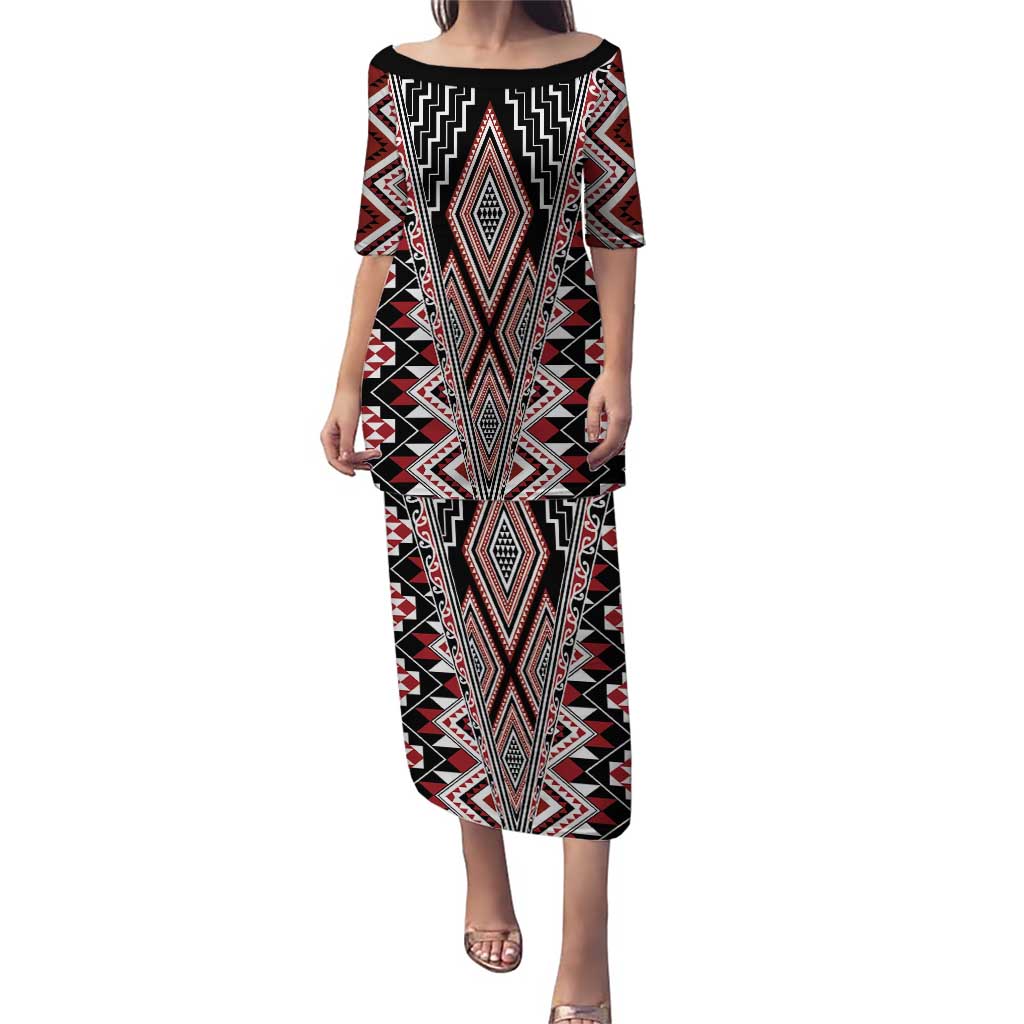 Red Aotearoa Tukutuku and Poutama Motif Puletasi LT03 Long Dress Red - Polynesian Pride