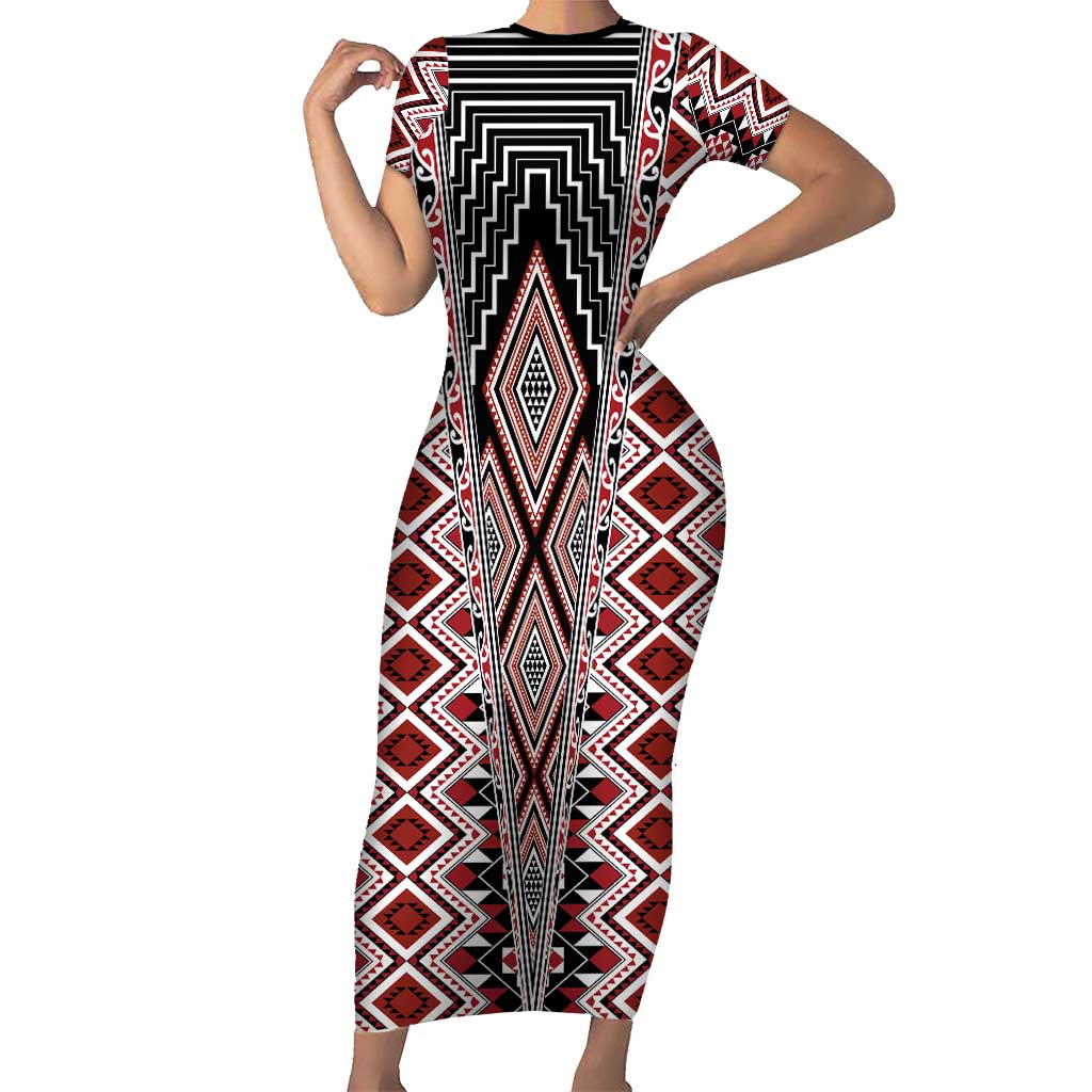 Red Aotearoa Tukutuku and Poutama Motif Short Sleeve Bodycon Dress LT03 Long Dress Red - Polynesian Pride